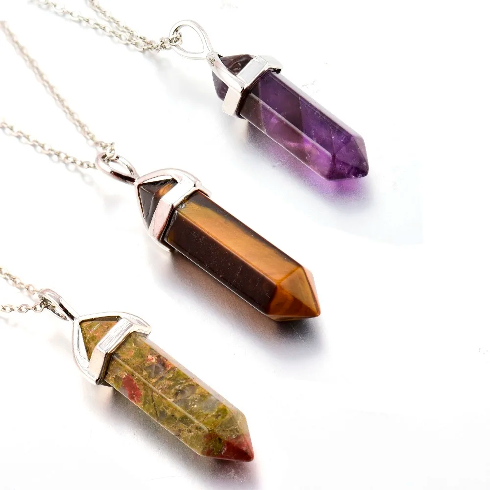 2017 Fashion New Natural Stone Pendant Hexagonal Column White Pine Amethyst Yellow Tiger Eye Necklace Pendant Boy Girl Jewelry