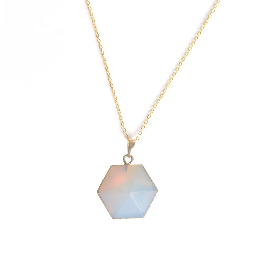 2017 hot natural stone pendant necklace hexagonal pyramid coupled with the golden chain shows the beauty of women stone pendant