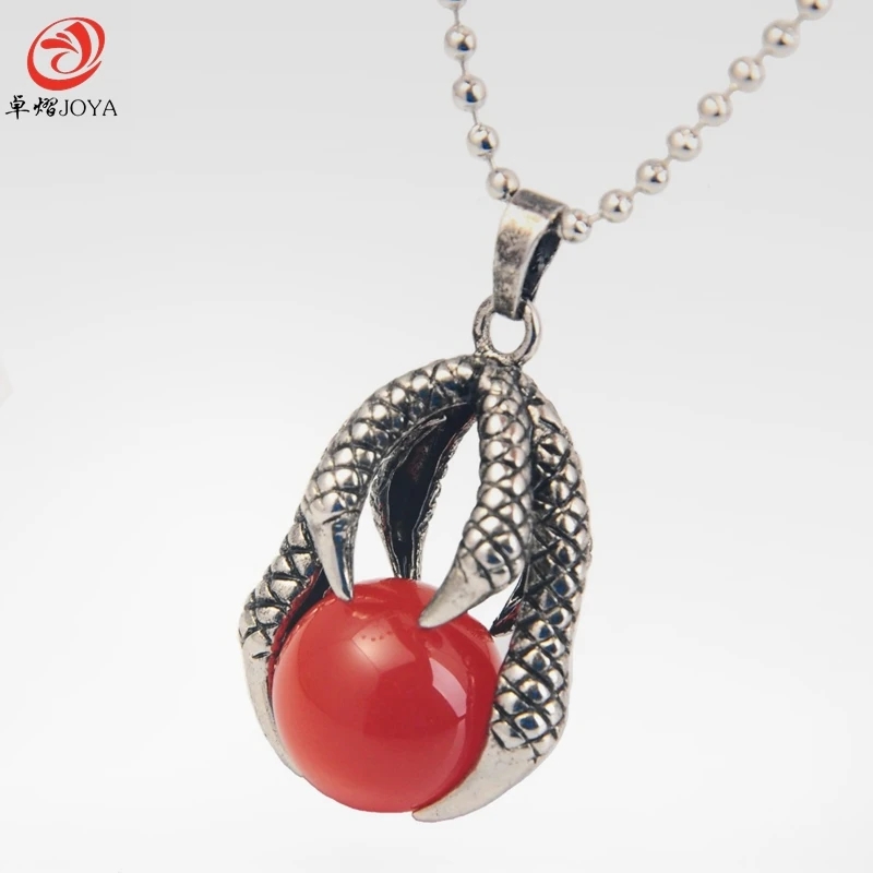 Natural Red agate Dragon Claw Pendant With 15MM Big Gem stone Crystal Ball beads Alloy Man Woman Pendant necklace Wholesale